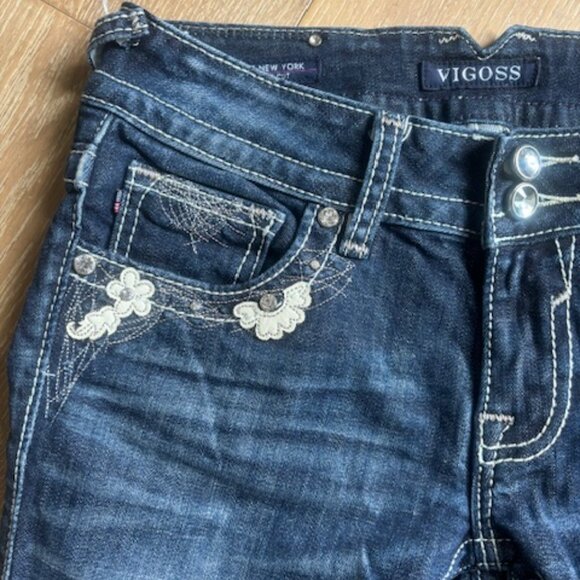 WESTERN - FLORAL RHINESTONE - DARK WASH BOOT CUT JEANS - SIZE 26 - Picture 3 of 8